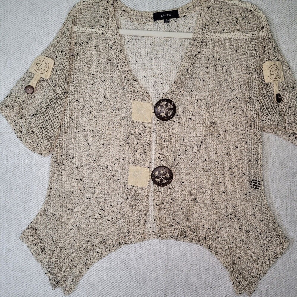 Kaktus Mesh Sheer V Neck Top Buttons Art to Wear Medium Tan Brown